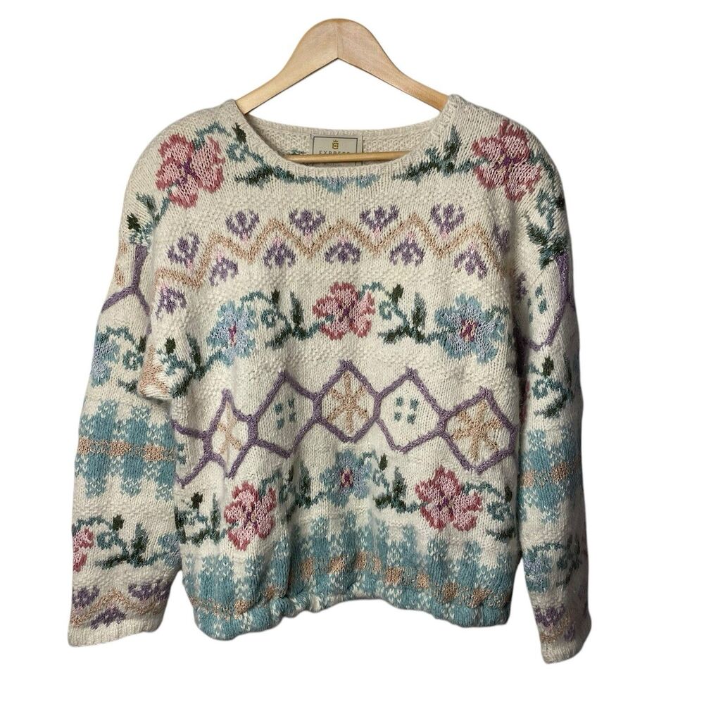 Vintage Express Tricot Hand Knit Sweater Womens L Angora Floral Cottagecore